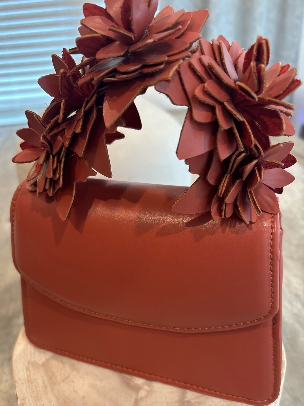 Zara Rust Floral-Embellished Top-Handle Shoulder Bag